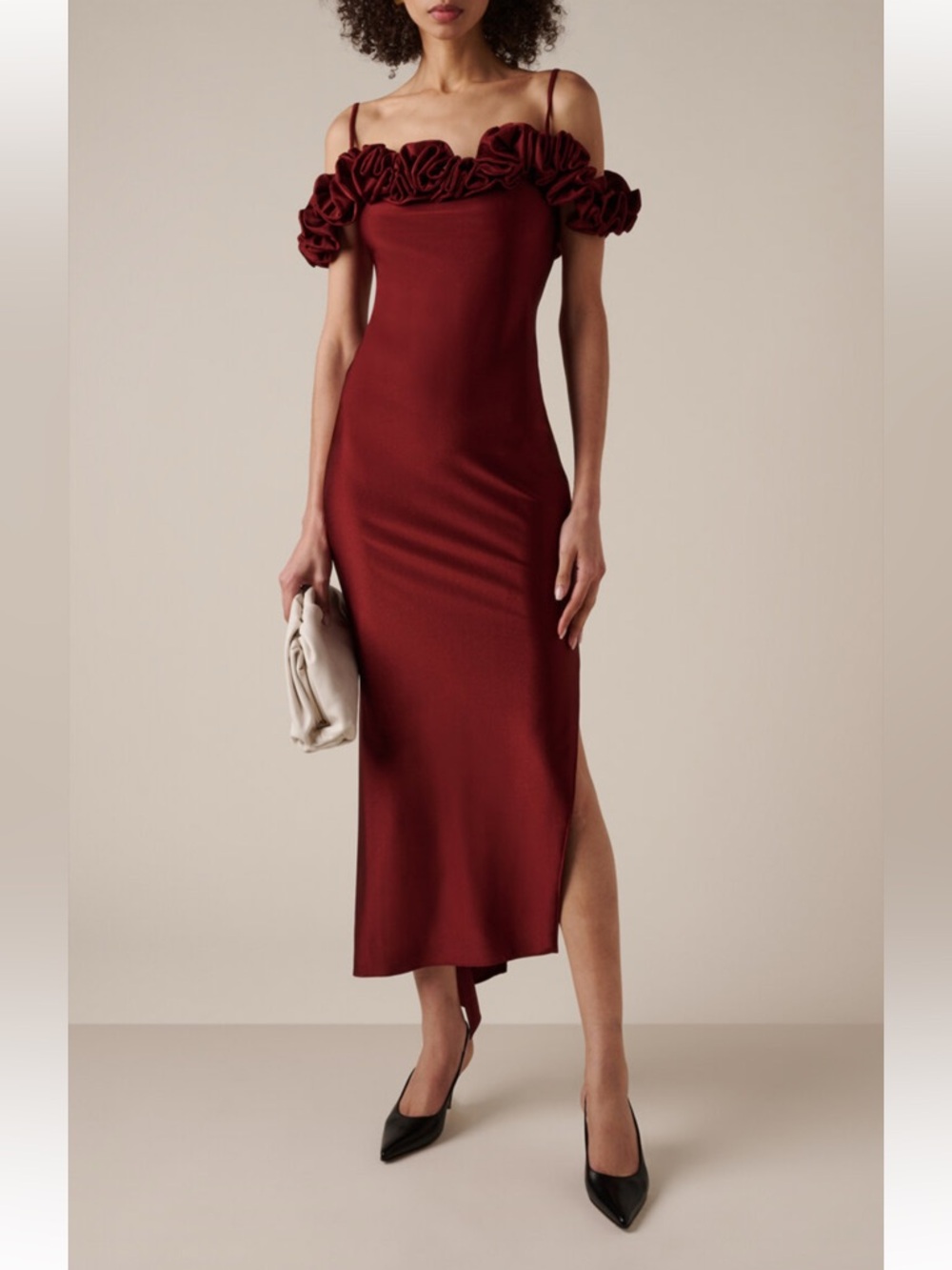 Coperni Rosette Detailed Off The Shoulder Satin Wine Red Maxi Dress - Picture 2 of 8